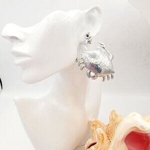 Huge Handmade Silver Tone Crab Statement Stud Earrings Artisan Fun Beach Party
